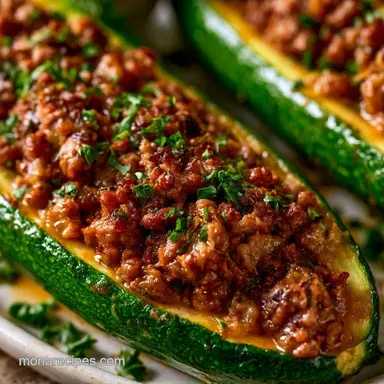 Spicy Garlic Zucchini Boats with Beef Recipe Card