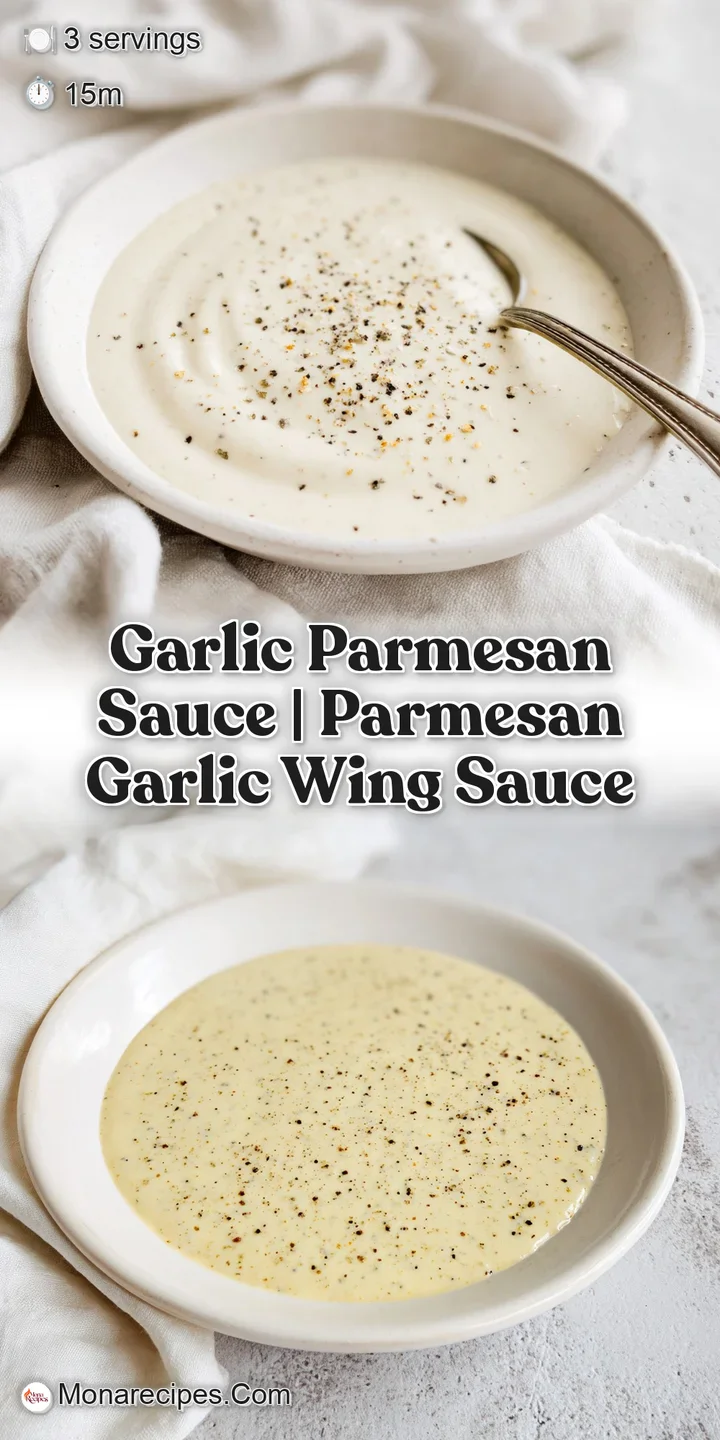 Close-up of a thick, creamy white sauce with melted cheese bubbles and minced garlic bits in a warm ceramic pot.