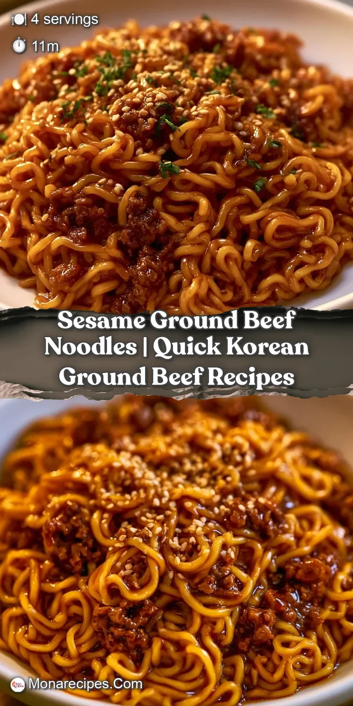 Close-up of tender beef and slippery noodles coated in a rich, savory glaze with scattered white sesame seeds.