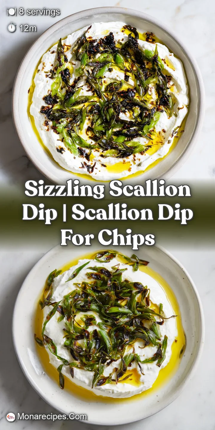 Close-up of shimmering golden oil bubbling over bright green scallions and a smooth, creamy white dip base.