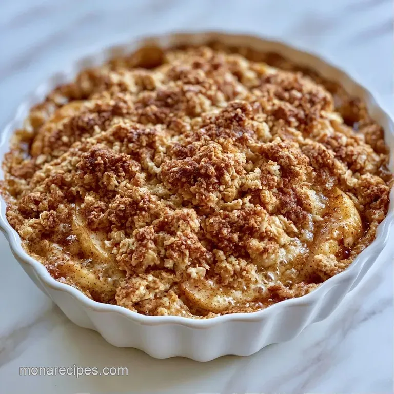 A scoop of melting vanilla bean ice cream atop a warm, golden oat crumble with tender fruit in a white bowl.