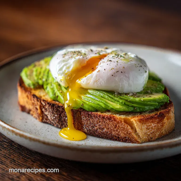 An elegant white plate featuring creamed avocado on toasted bread, topped with a poached egg and fresh microgreens.