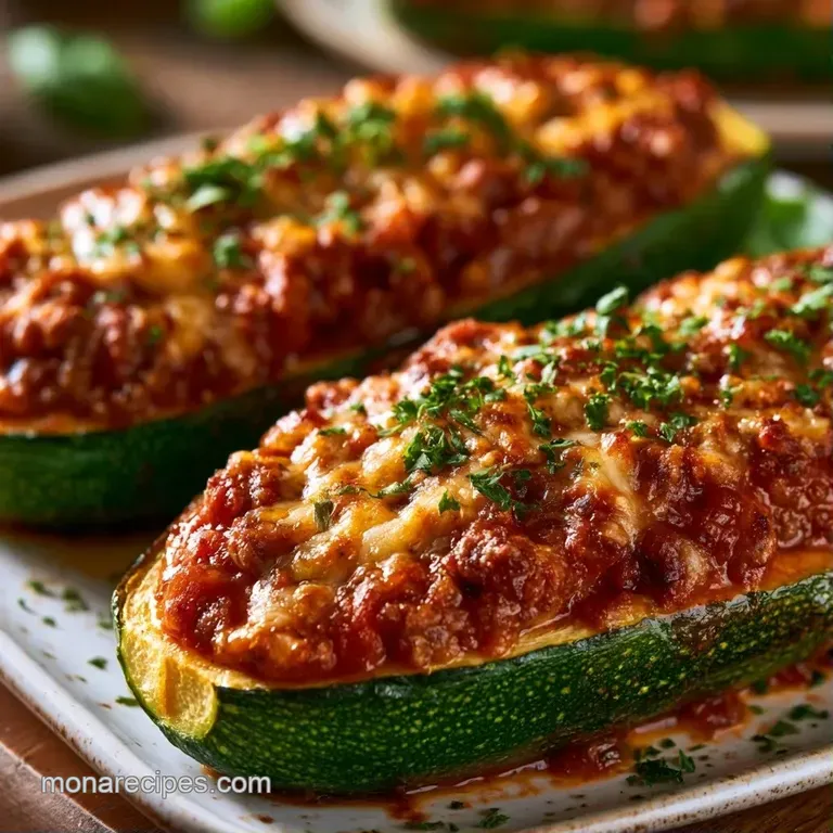Sliced zucchini halves filled with savory red sauce and gooey cheese on a clean white plate with a sprig of basil.