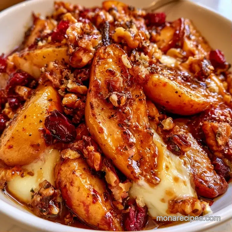 Halved roasted pears filled with melted brie, drizzled with honey and topped with crushed walnuts on a white platter.