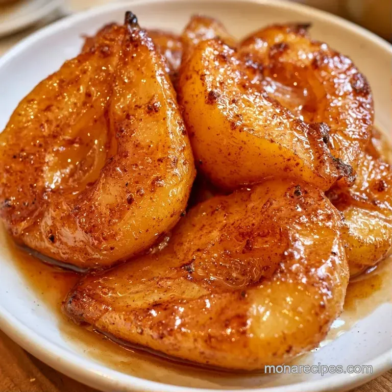 Halved golden pears drizzled with maple syrup, garnished with a cinnamon stick and a dollop of fluffy white cream.