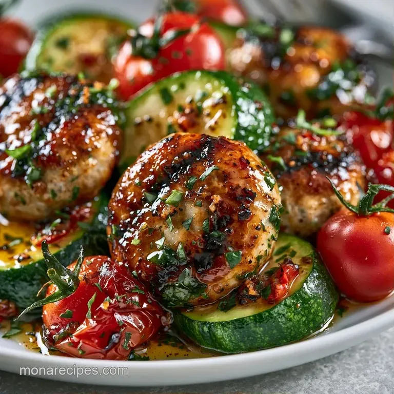 Roasted zucchini rounds topped with browned sausage, garnished with fresh parsley on a matte gray plate.