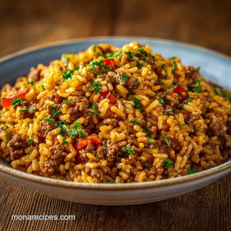 A neat square of savory beef and grains topped with bubbly golden cheese on a white ceramic plate with fresh parsley.