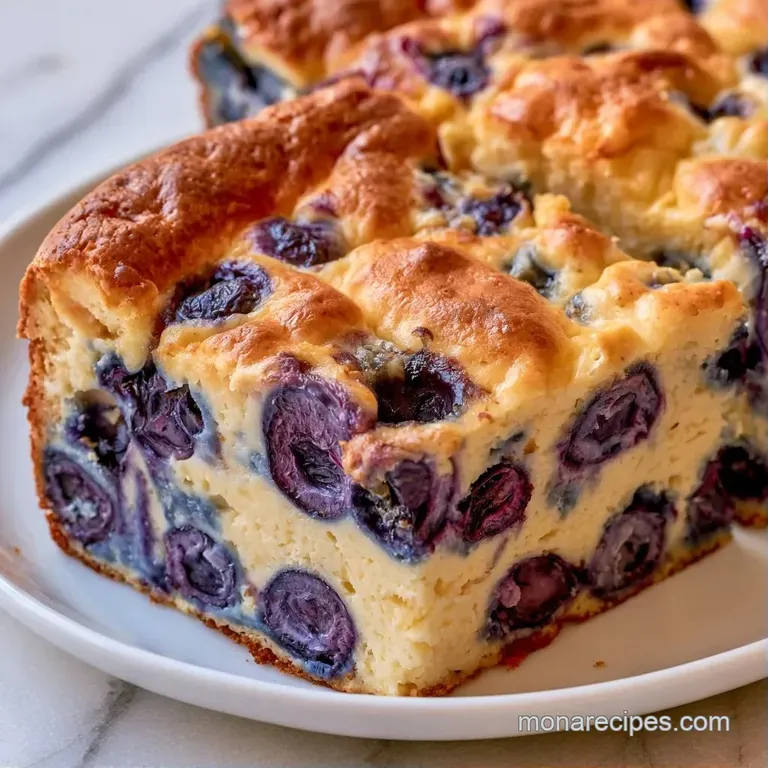 A square slice of creamy baked custard topped with juicy blueberries on a white plate with a drizzle of maple syrup.