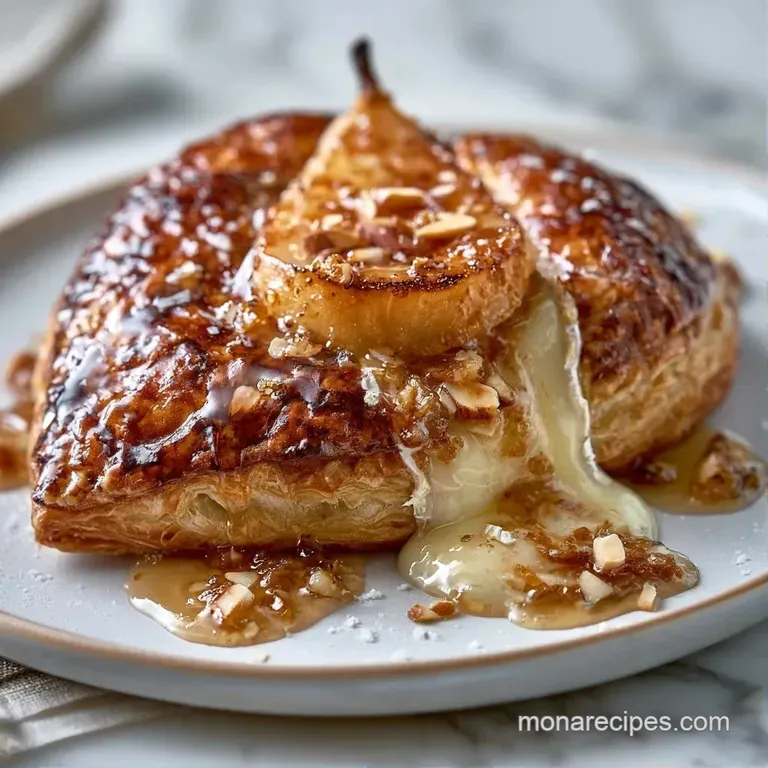 Miniature golden pastry bites arranged on a white marble tray, topped with melted brie and thin pear slices.