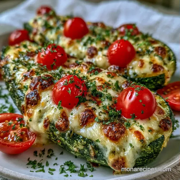 Vibrant zucchini boats with melted mozzarella and red tomatoes on a ceramic platter with a balsamic drizzle.