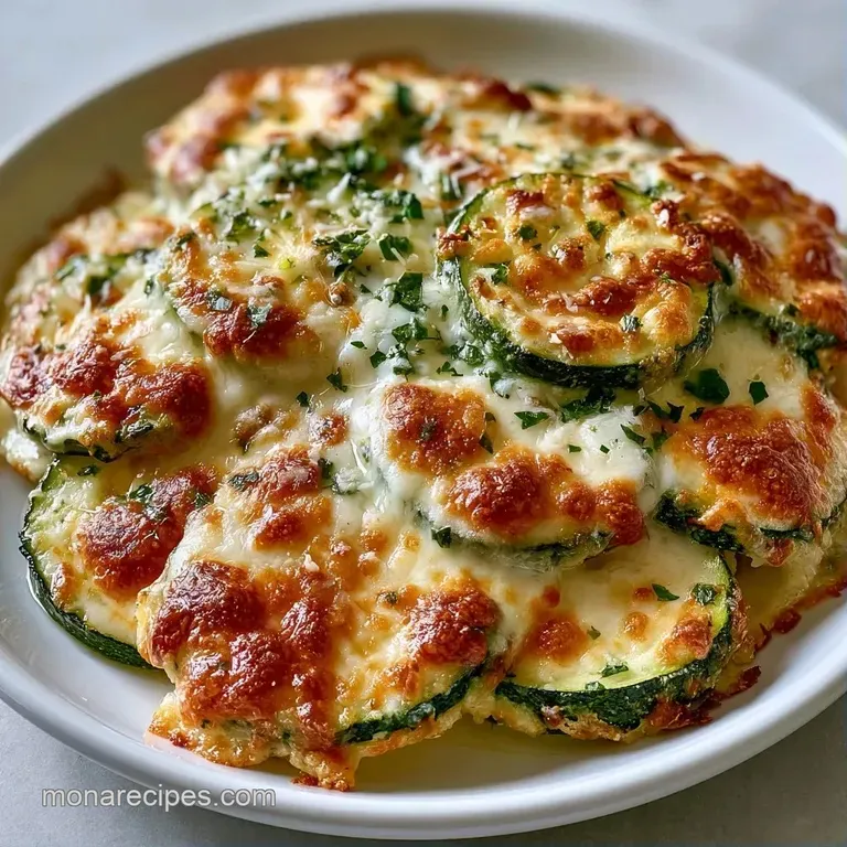 Elegant rows of cheesy zucchini on a white ceramic platter, garnished with fresh parsley and cracked pepper.