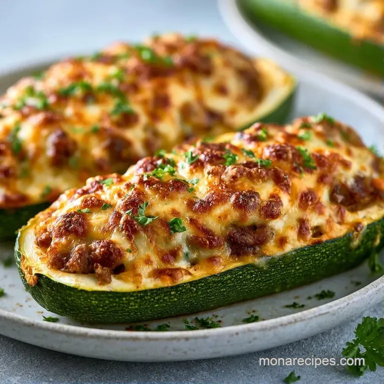 Two stuffed green zucchini halves on a white ceramic plate, topped with toasted cheese and a sprig of fresh herbs.