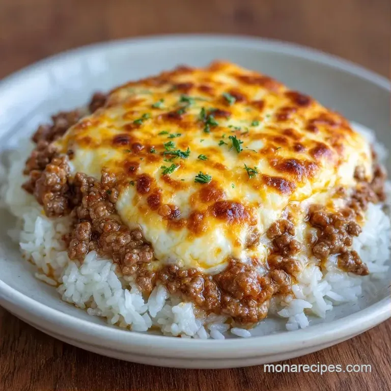 A steaming portion of golden rice and savory beef topped with melted cheese on a white plate with fresh parsley.