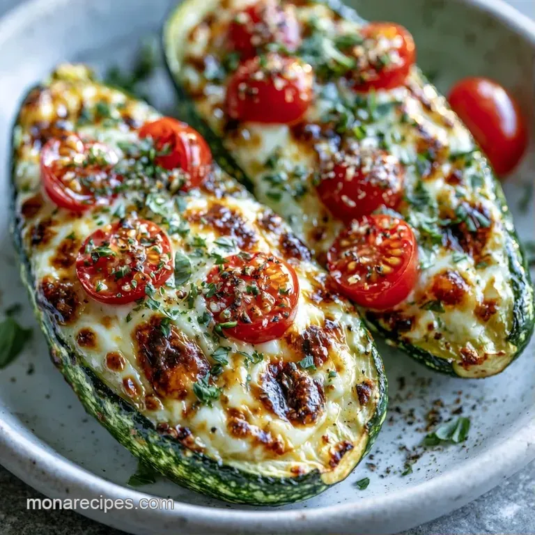 Two roasted vegetable boats on a white ceramic platter garnished with fresh green basil and a drizzle of olive oil.