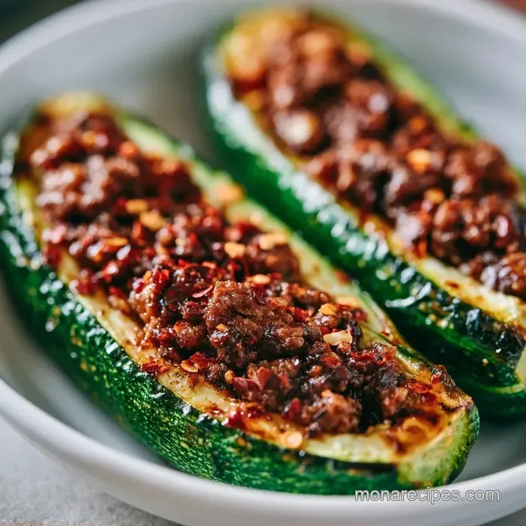 Hollowed green zucchini filled with hearty beef on a white platter, garnished with lime wedges and diced onions.