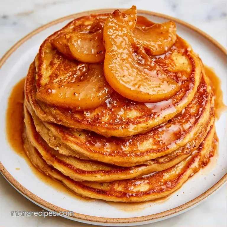 A stack of golden pancakes on a white ceramic plate with fresh pear wedges and a sprig of mint for a pop of green.
