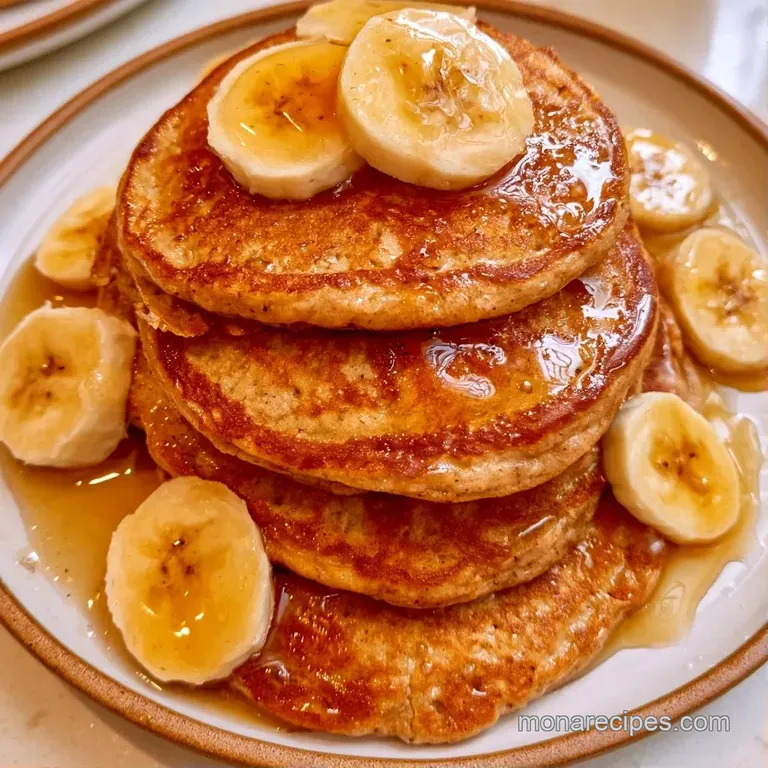 Golden brown pancakes on a white ceramic plate, garnished with fresh banana coins and a drizzle of sweet syrup.