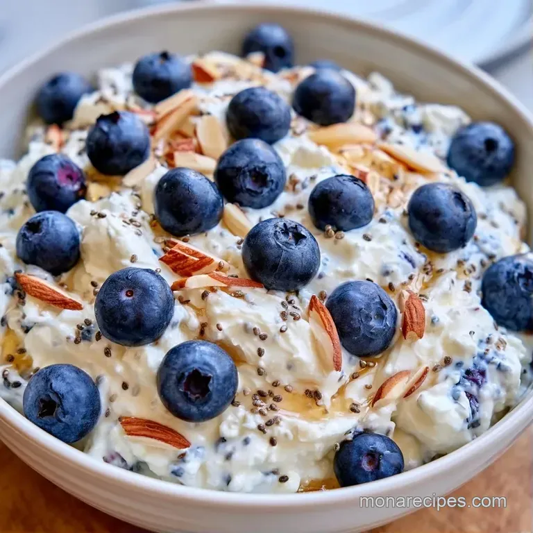 White ceramic bowl filled with curdy cheese, neatly arranged raspberries, mint leaves, and toasted pumpkin seeds.