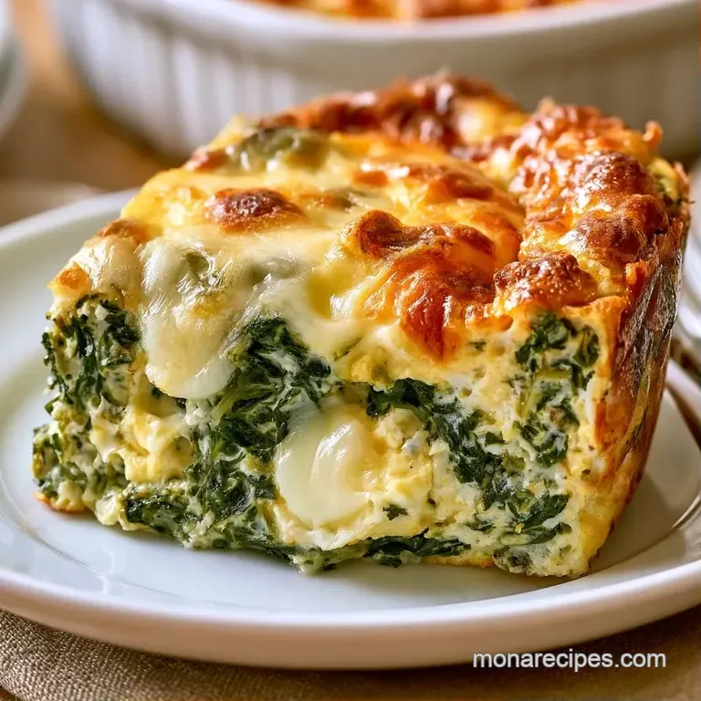 A neat slice of fluffy golden egg bake with pockets of wilted spinach served on a clean, minimalist white ceramic plate.