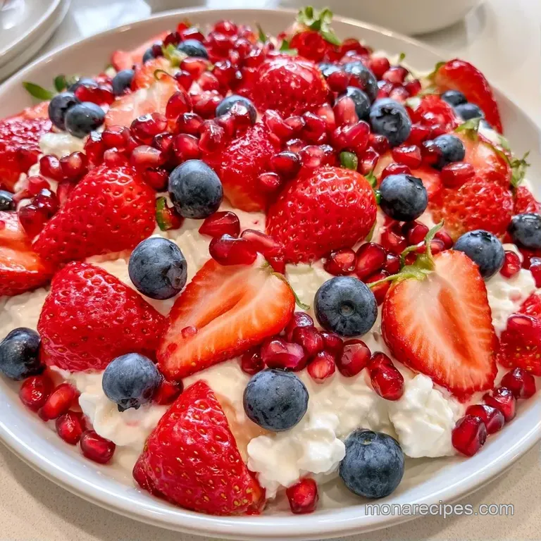 A white ceramic bowl filled with chunky white curd, topped with concentric circles of bright red berries and mint leaves