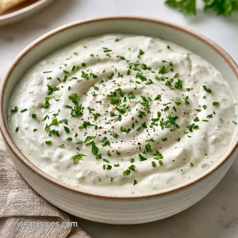 A bowl of creamy herbed dip surrounded by colorful sliced cucumbers, orange carrots, and red pepper strips.