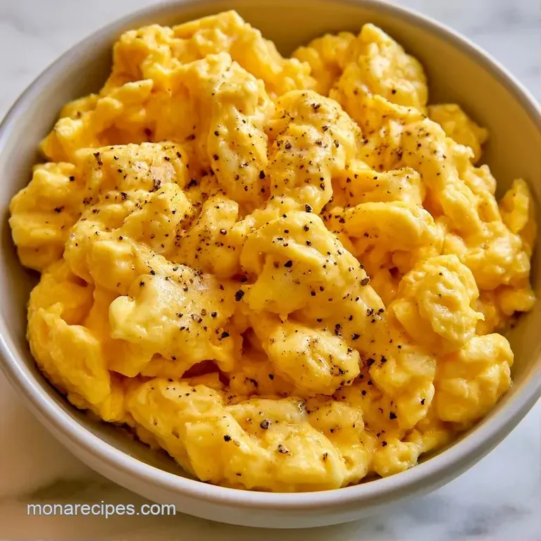 Two portions of soft, curdled yellow eggs plated on white ceramic with a side of toasted sourdough and fresh herbs.