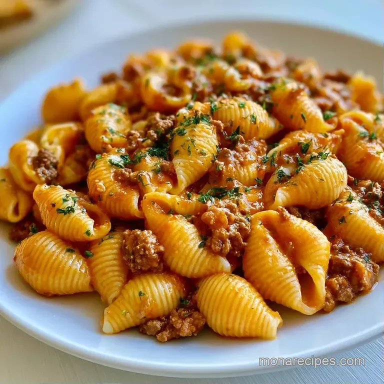 A shallow white bowl of cheesy shell pasta and savory beef, topped with chopped herbs and a sprinkle of parmesan.