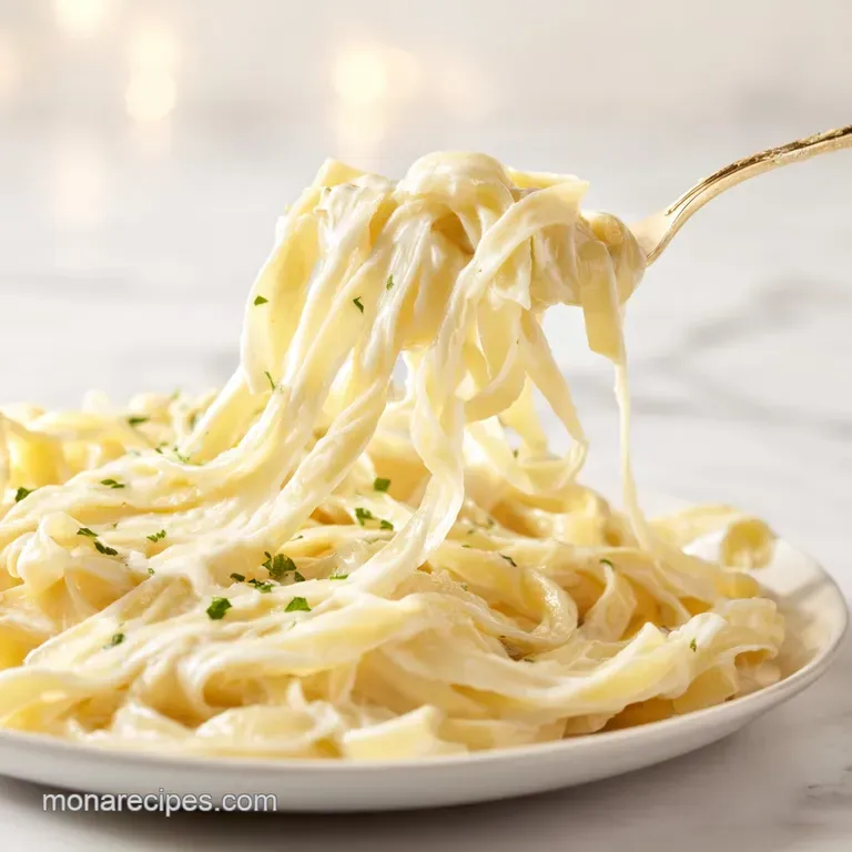 A swirl of pale yellow pasta on a white plate with a dusting of grated parmesan and a fresh sprig of parsley.