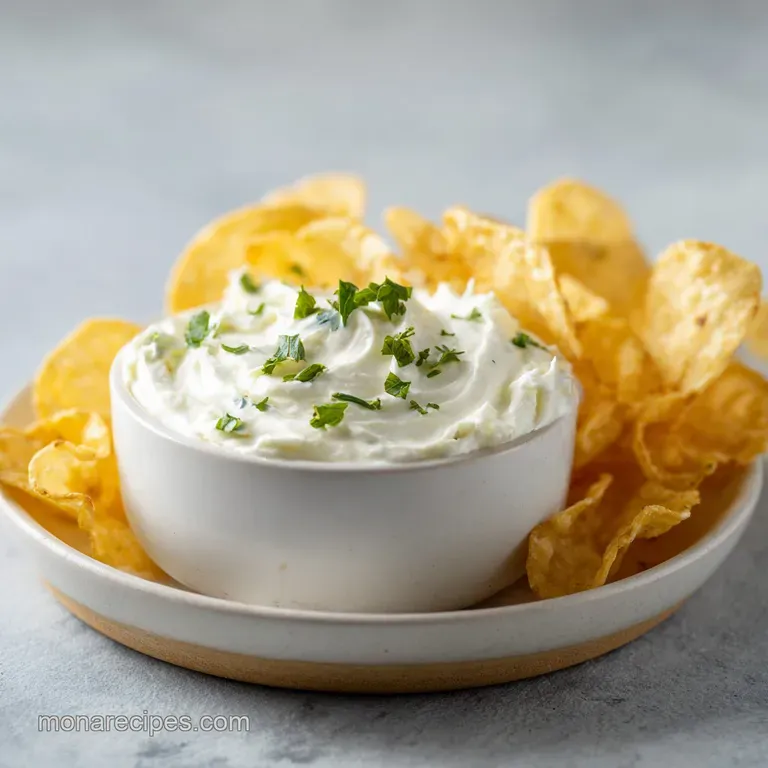A perfectly smooth dip in a rustic bowl, topped with fresh parsley and a scattering of crunchy chips.