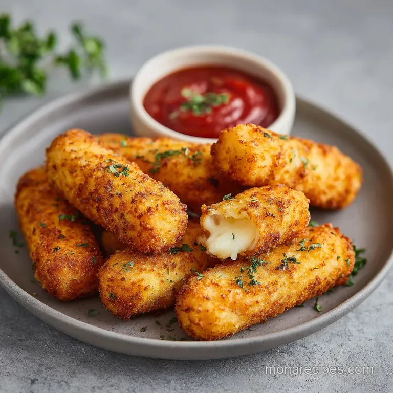 A neat stack of breaded mozzarella sticks, perfectly golden, served in a white bowl with a side of marinara.