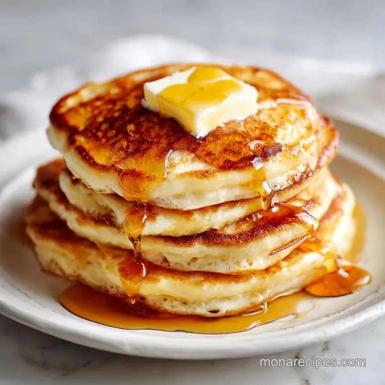 Three thick, airy pancakes on a white ceramic plate topped with fresh raspberries and a dusting of powdered sugar.
