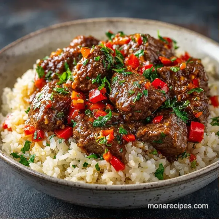 A neatly scooped portion of savory browned beef and fluffy white rice topped with bright green parsley on a white plate.