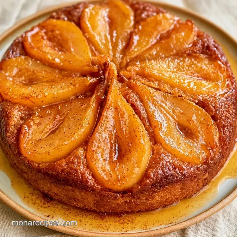 A moist slice of cake topped with translucent poached pears, served on a white ceramic plate with a dollop of cream.