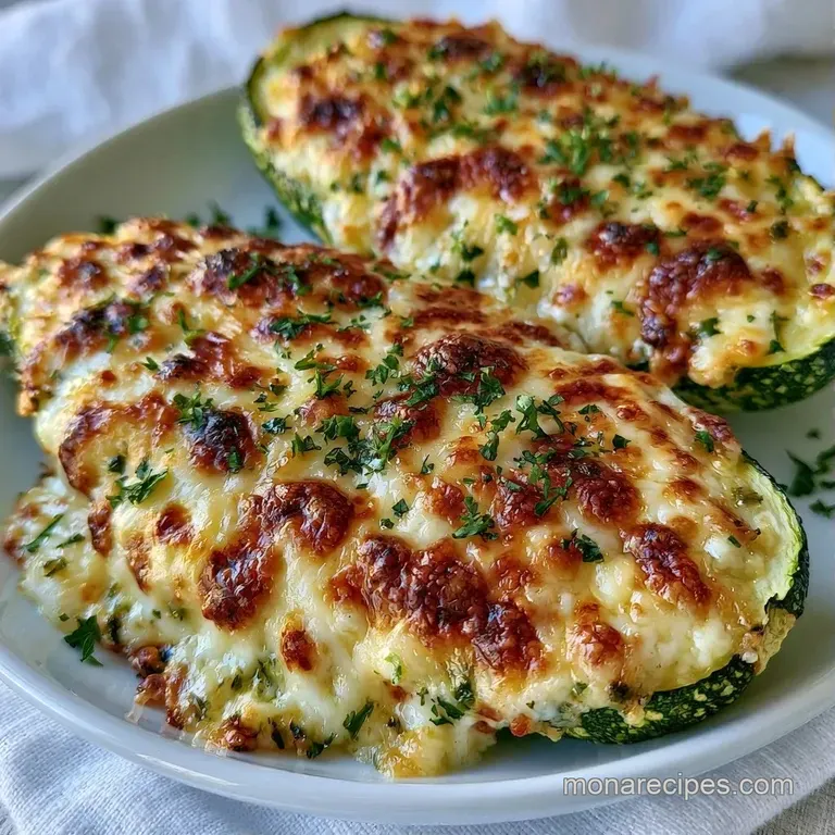 Three melted cheese-filled zucchini halves on a dark slate board accented by a sprig of fresh basil and lemon.