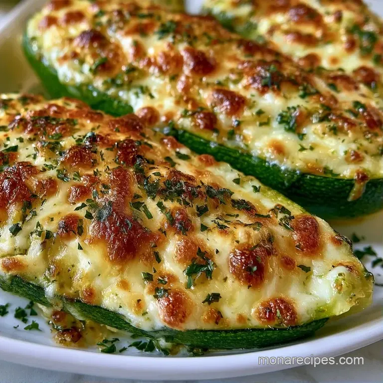 Roasted green zucchini shells filled with melted golden cheese and herbs, arranged neatly on a ceramic platter.