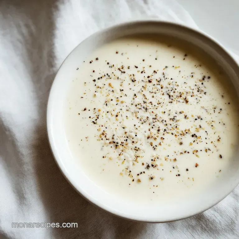 Velvety white sauce drizzled over golden pasta swirls, garnished with cracked pepper and a sprig of fresh basil.