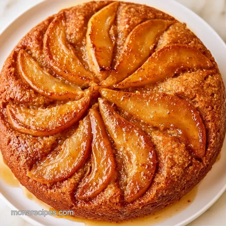 Elegant slice of pale gold cake with tender pear layers on a white plate, paired with a dollop of whipped cream.