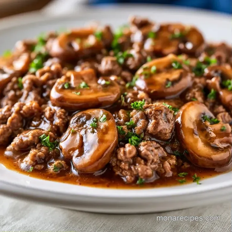 Tender beef strips in a rich, velvety cream sauce plated on a white ceramic dish with a sprinkle of chopped parsley.