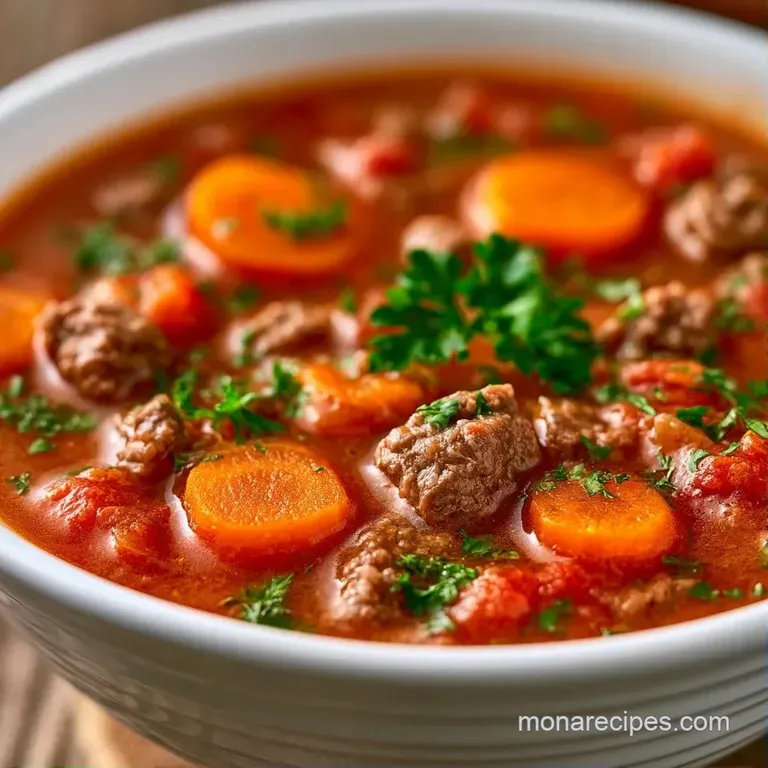 A white ceramic bowl filled with savory beef and vegetable stew, topped with a sprig of fresh parsley and cracked pepper.