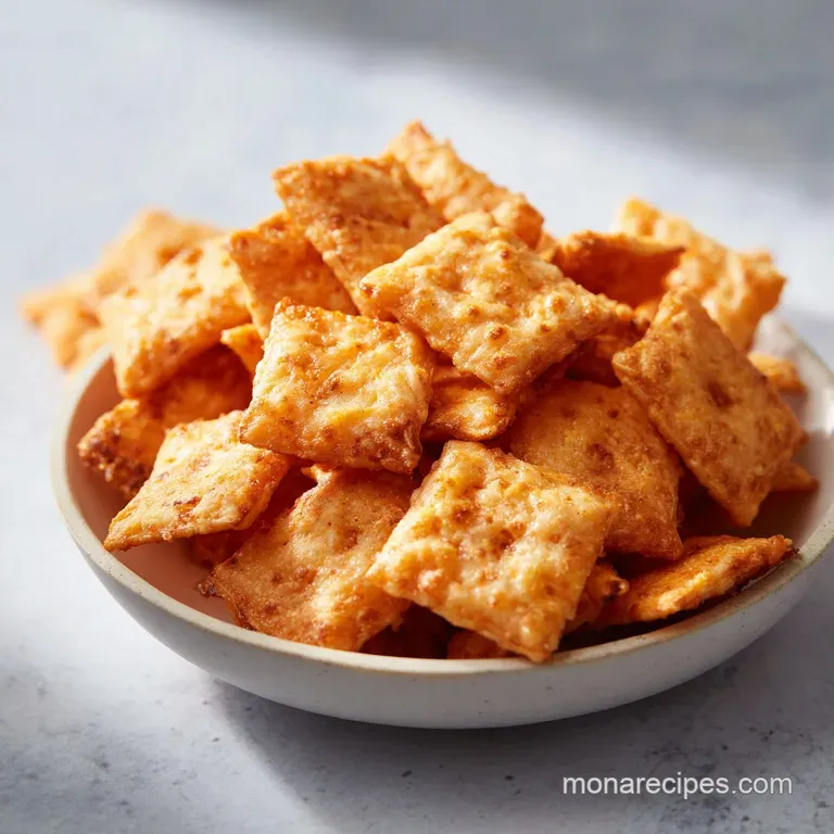 A small ramekin overflowing with warm, crispy cheddar crackers, ready for dipping.
