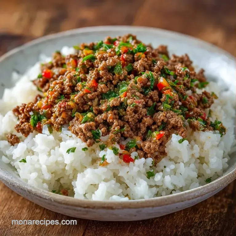 A neat mound of savory beef and rice on a white ceramic plate, garnished with a sprig of fresh, vibrant parsley.