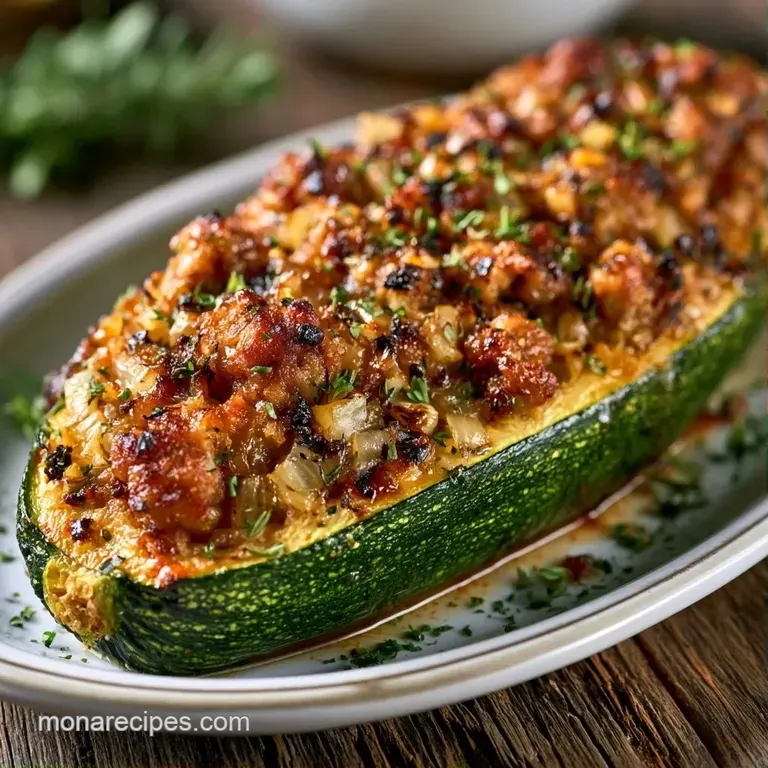 Three roasted green squash shells filled with savory browned meat and melted cheese on a rustic wooden serving board.