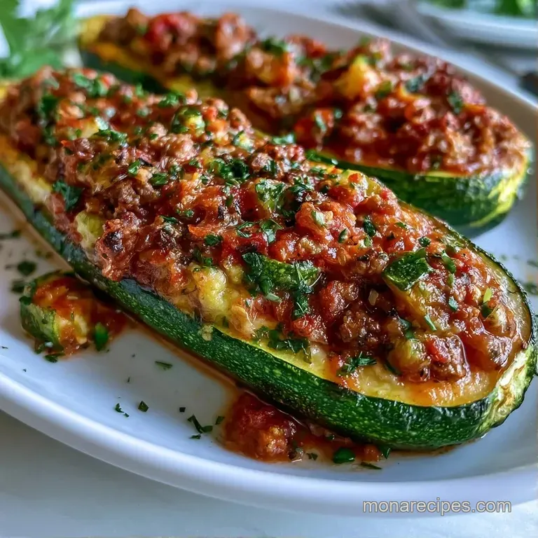 Saut&eacute;ed zucchini halves stuffed with beef and bubbly cheese, arranged elegantly on a white ceramic plate with herbs.