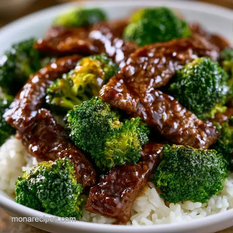 A white ceramic bowl filled with glazed beef and broccoli, topped with toasted sesame seeds and sliced scallions.