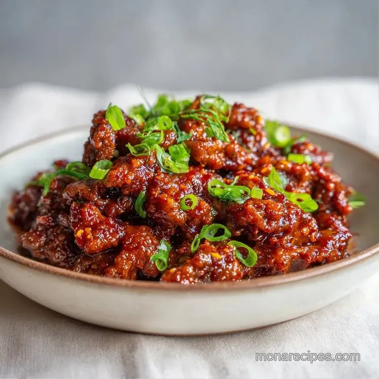 A white ceramic bowl filled with glistening beef, bright green scallions, and toasted sesame seeds on steamed rice.