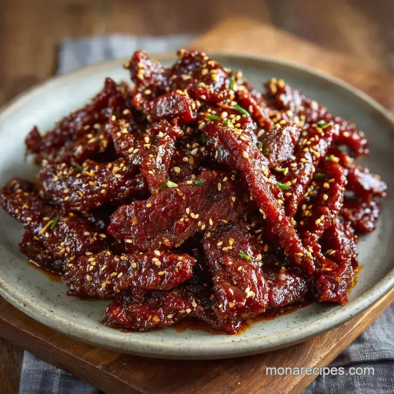 A white porcelain bowl filled with glossy beef and crisp vegetables, topped with toasted sesame seeds and scallions.