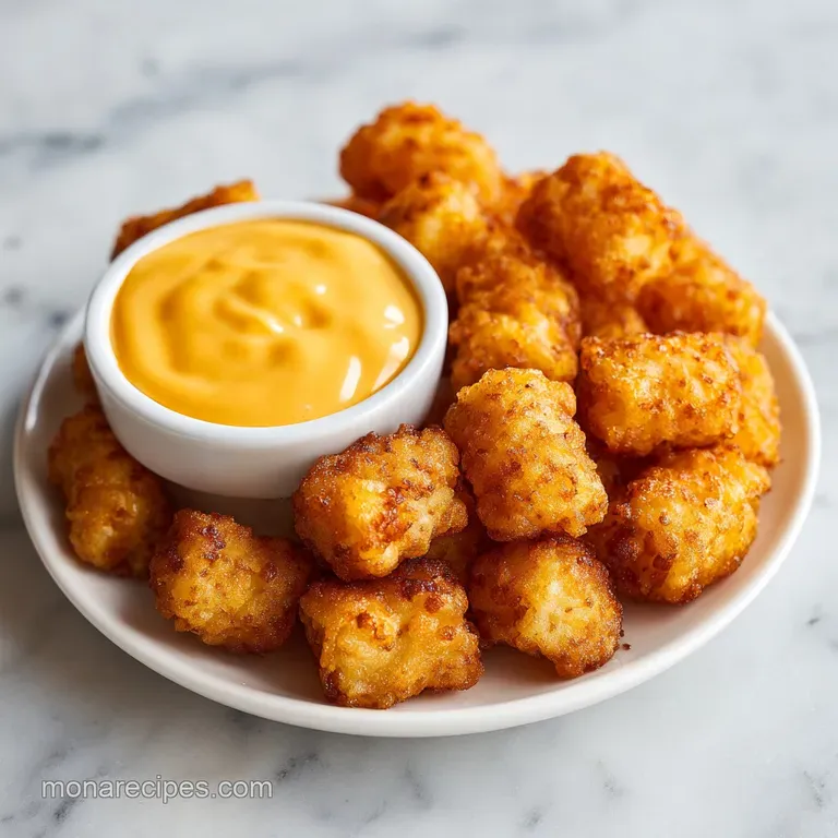 Crispy golden tots artfully arranged on a white plate, drizzled with creamy white sauce and topped with fresh chives.