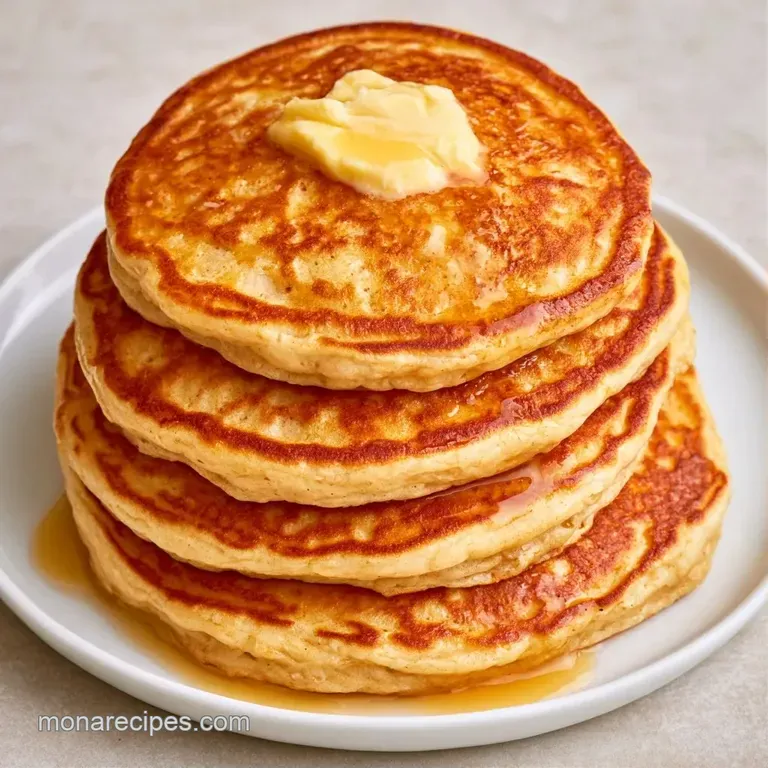 Fluffy golden pancakes on a ceramic plate, garnished with fresh blueberries, raspberries, and a swirl of honey.