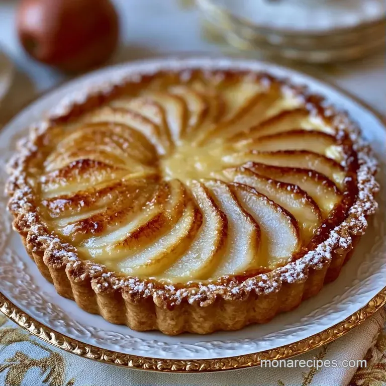 A thin slice of custard tart on a white ceramic plate, garnished with a mint leaf and a drizzle of clear syrup.