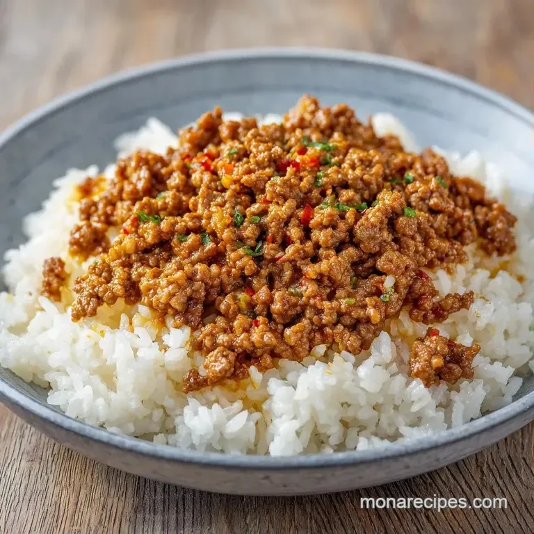 Elegant pile of fluffy rice topped with glazed beef chunks and sliced green onions on a minimalist white plate.